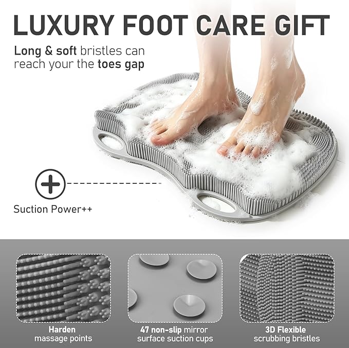 Shower Foot Scrubber Mat XL, Silicone Feet Toes Massage Cleaner -Upgraded Long Brush Pad Without Bending Non-Slip Suction Cups for Foot Bath Bathtub Exfoliate Smooth Skin 17.4x13 Grey