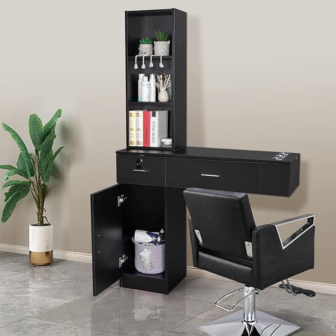 OmySalon Wall Mount Barber Stations, Salon Stations for Hair Stylist, Hair Styling Equipement Set with a Storage Cabinet, 2 Drawers and a 3 Tier Shelf (Black)