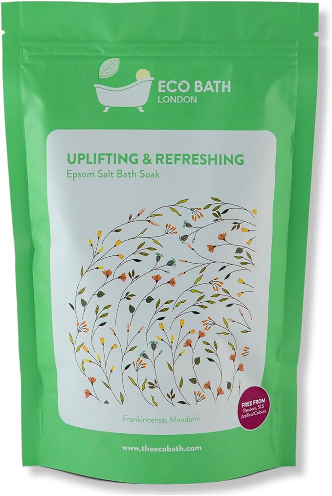 Eco Bath London Uplifting and Refreshing Epsom Salt Bath Soak 1kg - Magnesium Bath Salts with Citrus Essential Oils for Energizing Spa Soak, Made in UK, Self Care Gift