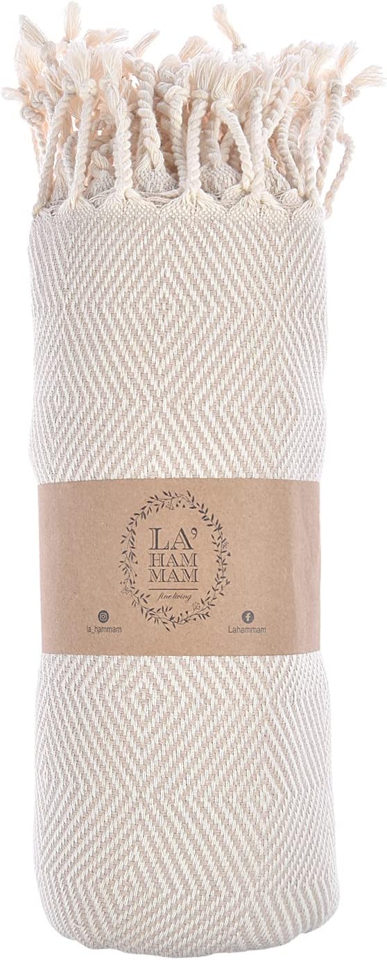 Personalized Embroidered Beach Towel | Throw Blanket, Easy Carry, Sand Free, Highly Absorbent, Quick Dry, Turkish Towels for Camping Bath Beach Gym Pool Yoga SPA by Lahammam, Mediterranean, Beige