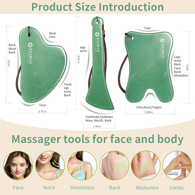 Gua Sha Tools 3 Pcs Natural Jade Gwashah Stone Instead of Stainless Steel Gua Sha Kit Anti-Drop Design, Smooth Massage Stones for Face,Neck,Jaw and So on Spa Tool for Everyone