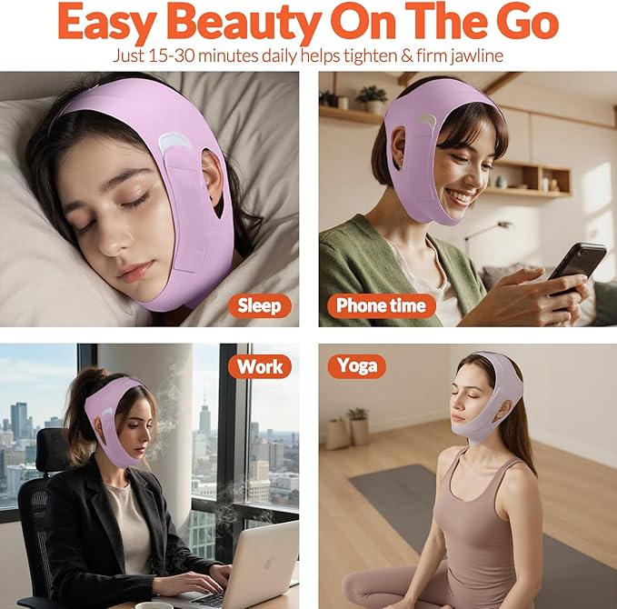Lymphatic Contour Face Brush & Chin Lifting Mask, 2Pcs: Manual Lymphatic Drainage Massager Dry Brush & Pink V Line Lifting Mask, Face, Chin Strap for Sleeping, Jawline Sculpting Set, Gift for Women