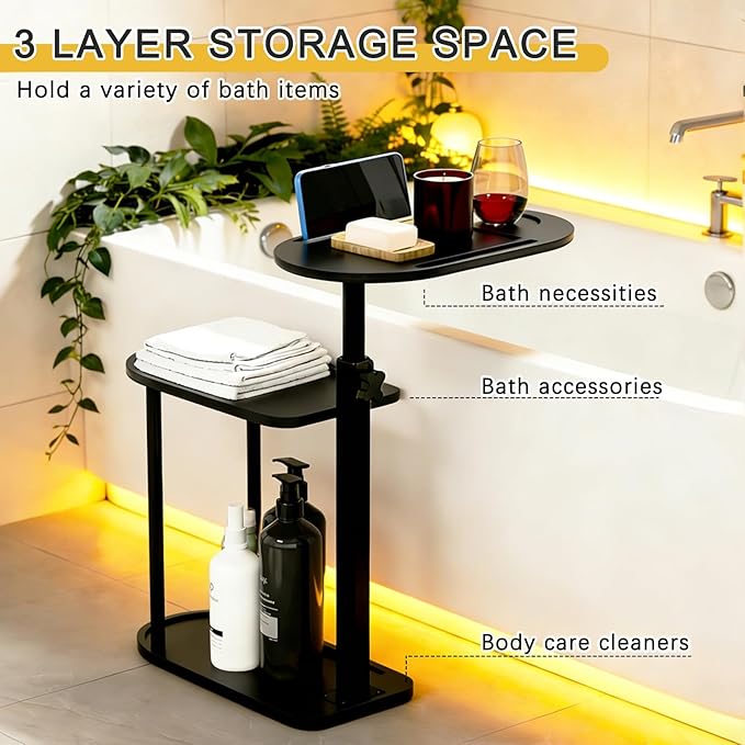 3-Tier Freestanding Bathtub Tray Table, Bamboo Swivel Bathtub Side Table with Height Adjustable Design, Standing Bath Tray for Tub Against Wall, Bathroom Organizer for Luxury Home Spa (Black)