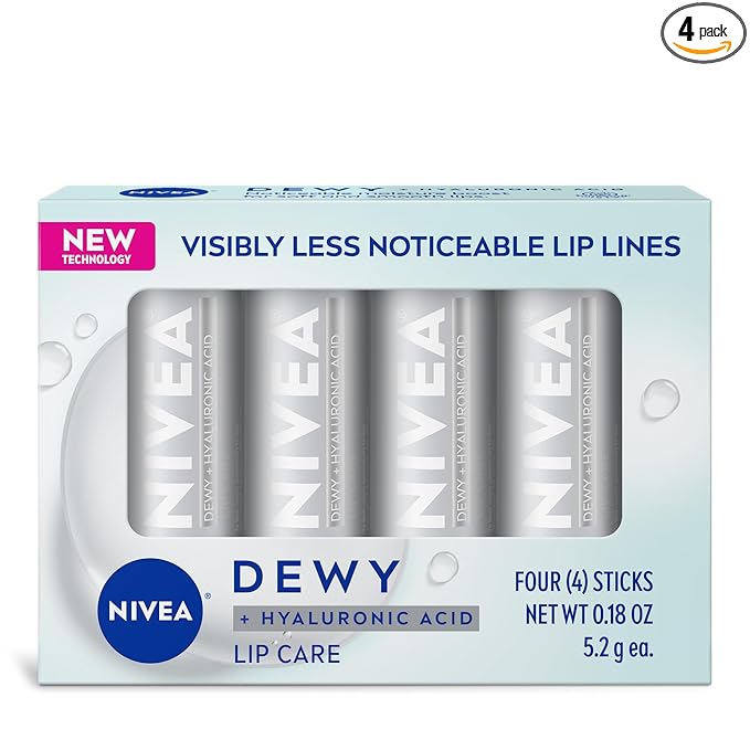 NIVEA Dewy Lip Balm with Hyaluronic Acid, Lightweight and Ultra-Hydrating for All Day Moisture, Mothers Day Gifts, 0.18 Oz, Pack of 4