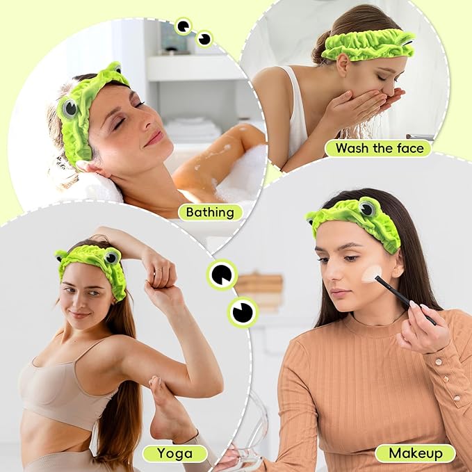 my novel things Face Wash Headband, Skincare Headband Wrist Bands For Washing Face Set Spa Hair Bands come with a Hair Scrunchie Cute Green Frog Elastic for Makeup Girls Women