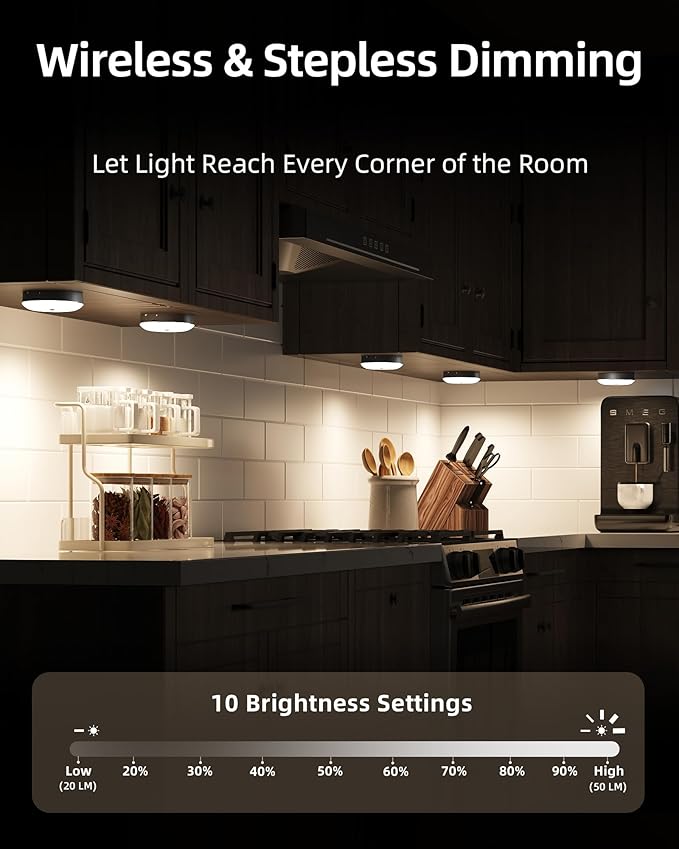 EZVALO Under Cabinet Lighting, 1000mAh Rechargeable Puck Lights with Remote, 3 Color Temps & 12 RGB Motion Sensor Closet Lights Indoor, Dimmable Under Counter Lights for Kitchen (Black, 6 Packs)