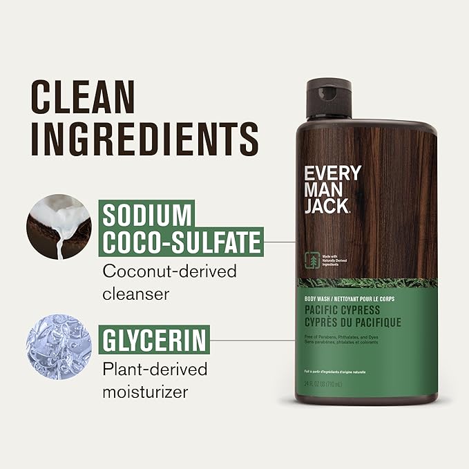 Every Man Jack Nourishing Pacific Cypress Mens Body Wash for All Skin Types - Naturally Derived Ingredients - Cleanse and Hydrate Skin with Coconut and Glycerin - 24oz 2 Bottles
