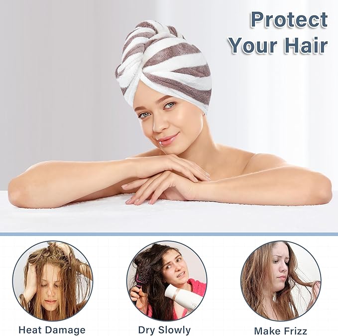 Microfiber Hair Towel Wrap, Soft Lightweight Hair Turben Towel, Super Absorbent Quick Dry Hair Turban with Button, Larger Microfiber Hair Towels for Women Curly Long Hair