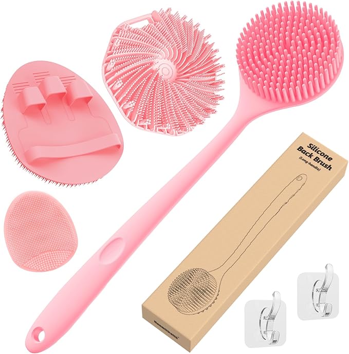 Manmihealth Silicone Back Scrubber & Soft Bath Glove Set 4 PCS(Thick Bristles), Super-Exfoliating Body Scrubber & Super-Lathering Shower Brush Combination, with 2 Adhesive Hooks (Pink)