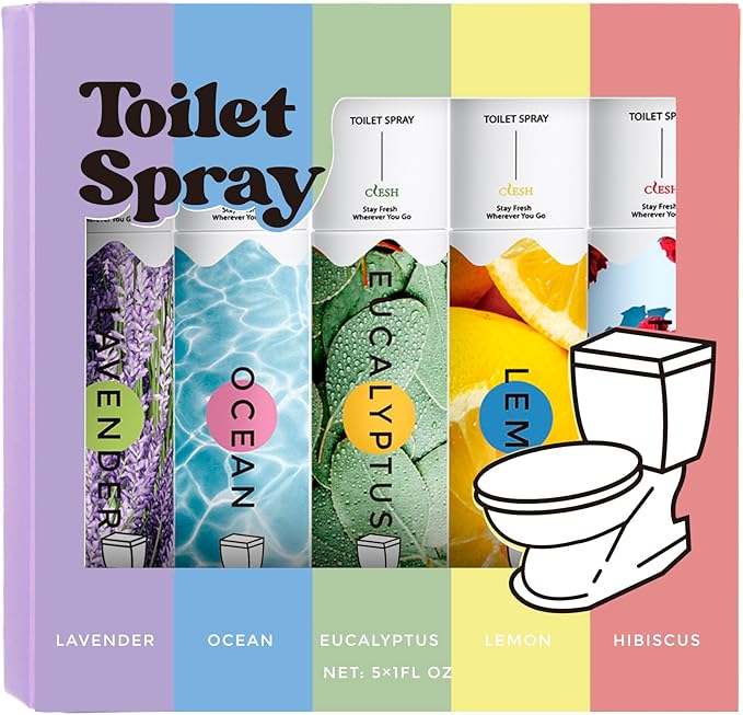 Travel Size Toilet Spray, Bathroom Odor Eliminator, 5 Pack, 1 fl oz Each, Up to 250 Uses, For Home and Travel, Essential Oils Freshener Spray, Ocean, Lemon, Lavender, Hibiscus, Eucalyptus