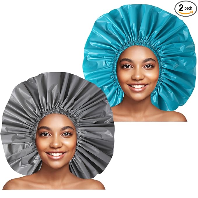Jumbo Size Shower Cap 2 PCS Waterproof Shower Caps for Women, Extra Large Shower Cap, Reusable Super Large Bath Caps Hair Cap for Long Thick Curly Hair, Locs, Twist Braids - Grey+Blue-Green
