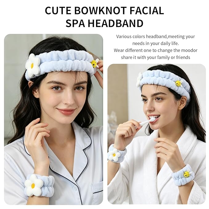 PERFECTSIGHT Kawaii Headband for Spa, Makeup, Washing Face, Party - 2 Pack Cute Hair Band for Shower Beauty Skincare, Soft Facial Headbands for Girls and Women (Blue Flower Bee)