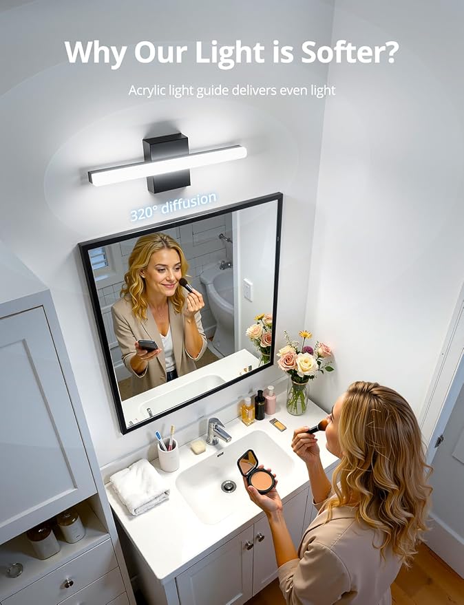 Combuh LED Bathroom Light Fixtures Over Mirror, 16 Inch 9W Black Vanity Light Bar for Bathroom, IP44 Modern Bath Wall Lighting Fixture Indoor Cool White 6000K