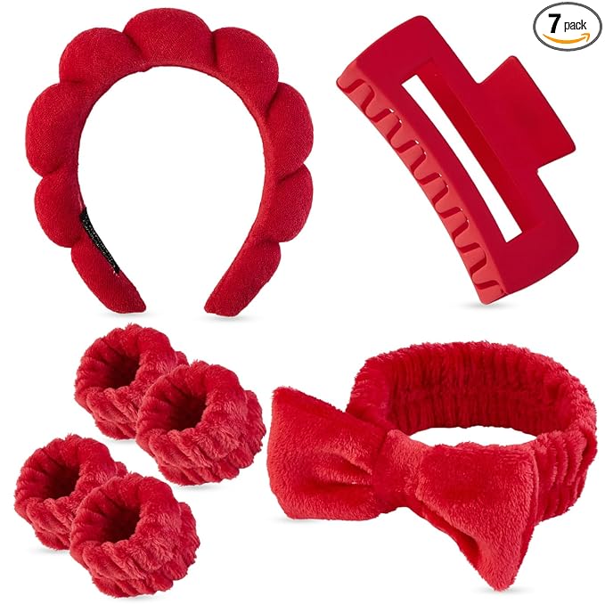 7 Pcs Spa Set, Facial Headband and Wristband Set, Skincare Accessories, College Style Girl Idea Gifts, Hair Accessories for Women and Girls（Red）