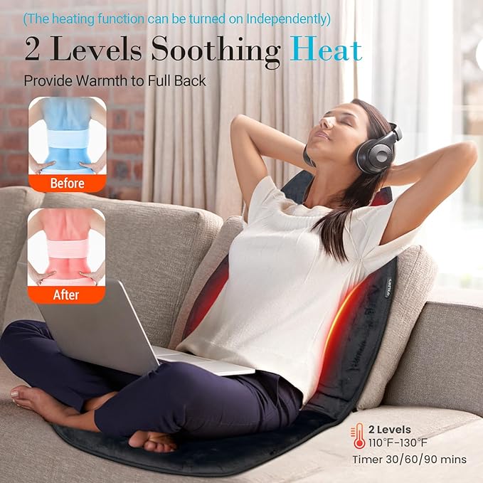 Chair Massager Cushion, Back Massager with Heat, Electric Seat Massage Pad, Back Massage Chair Pad for Back Pain Relief, 2 Heat Levels & 5 Vibrating Modes, Christmas Gifts for Men Dad Mom Him Her