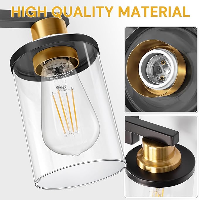 L LOHAS LED 2 Light Bathroom Vanity Light, Black and Gold Vanity Light with Clear Glass Shade, Black and Gold Light Fixtures, ETL Listed