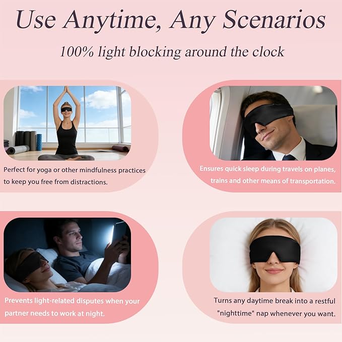 Silk Sleep Eye Mask for Side Sleeper Men Women, Eye Mask Sleeping 100% 22 Momme Pure Mulberry Silk for Night Sleep,Travel, Face-Hugging Padded Eye Cover for Sleeping with Adjustable Band-Black