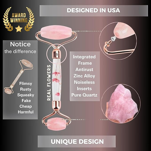 100% Authentic Rose Quartz Jade Roller and Gua Sha Set for face. Premium Quality Complete Kit. Facial Tools. Microneedle Derma Roller. Natural Facial Gift Set Women (Pink, 4 PCS)