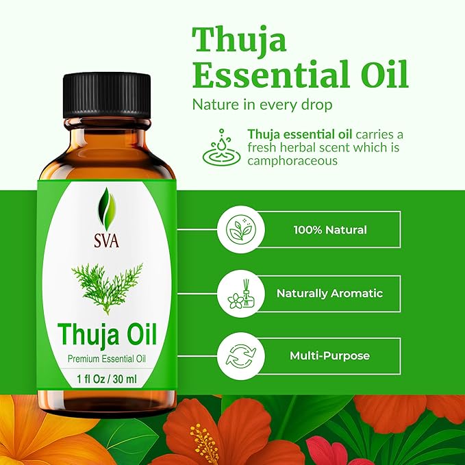 SVA Thuja Essential Oil – 1 Fl Oz – 100% Natural Thuja Oil - for Diffuser, Hair Care, Face, Skin Care, Aromatherapy, Scalp and Body Massage, Soap and Candle Making - with Dropper
