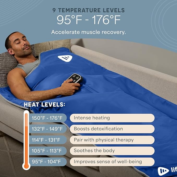 LifePro RejuvaWrap Infrared Sauna Blanket for Detox & Relaxation – Low EMF Carbon Fiber Heating, 9 Temp Levels, 5 Colors – Portable Sauna Blanket Infrared with Waterproof Interior & Carry Bag