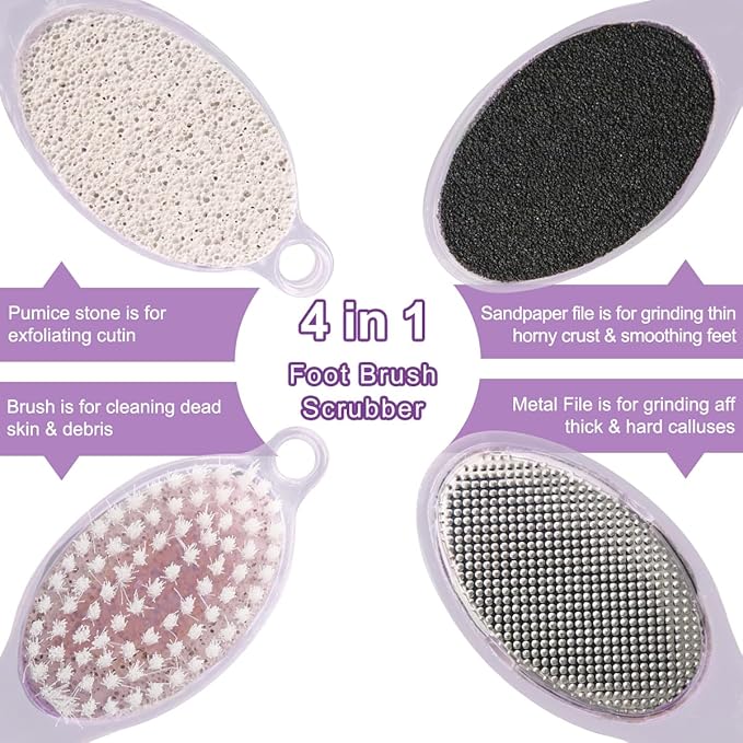 4-Pack 4 in 1 Pedicure Tool Callus Remover - Foot Scrubber with Pumice Stone, Cleaning Brush, Metal Rasp & Sandpaper for Dead Skin and Shower (Purple and Blue)