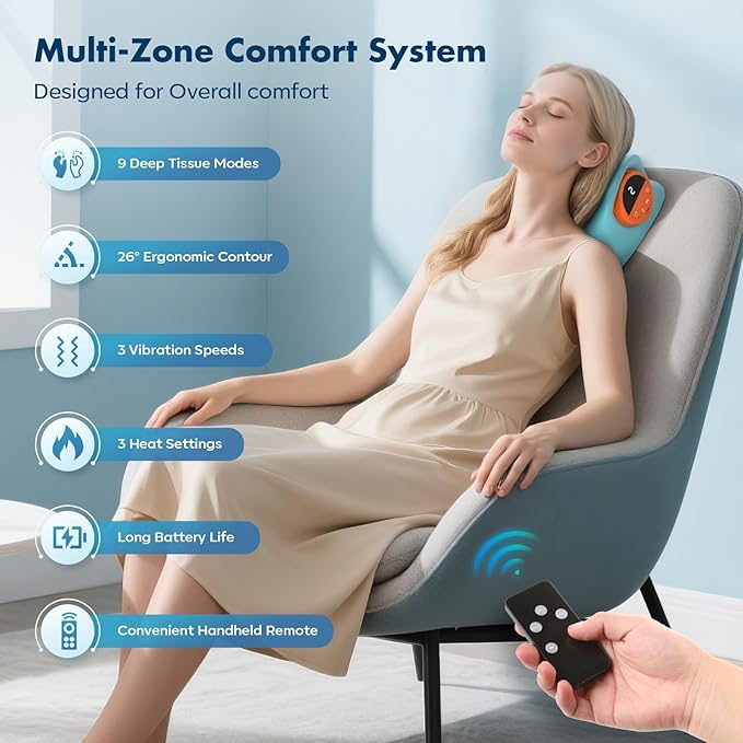 Neck Massager 2026,4-in-1 Neck & Shoulder Massager with Multi-Directional Stretch, Heating & Vibration, 360° Remote Control – Ergonomic for Home, Office,Car Travel