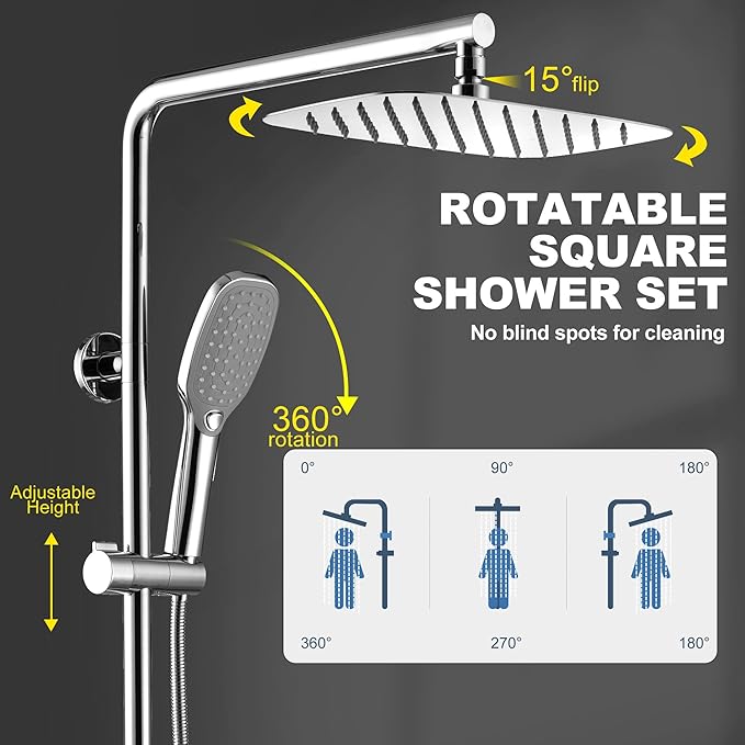 Rain Shower System with Shelf, 12 Inch Rain Shower Head Set with Hand Shower Head, SonTiy Dual Shower Combo with Height Adjustable Holder, Brass Valve, Chrome
