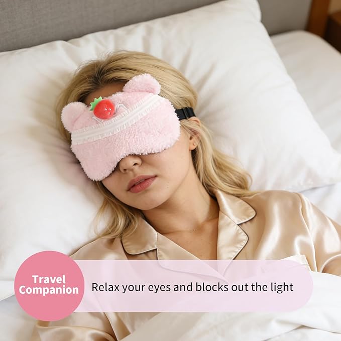 PERFECTSIGHT Sleep Eye Masks, Cute Plush Sleep Eye Cover Lightweight Adjustable Eyeshade Faux Fur Mask Cover for Women Men Kids Sleep Travel Nap, Bear Cake