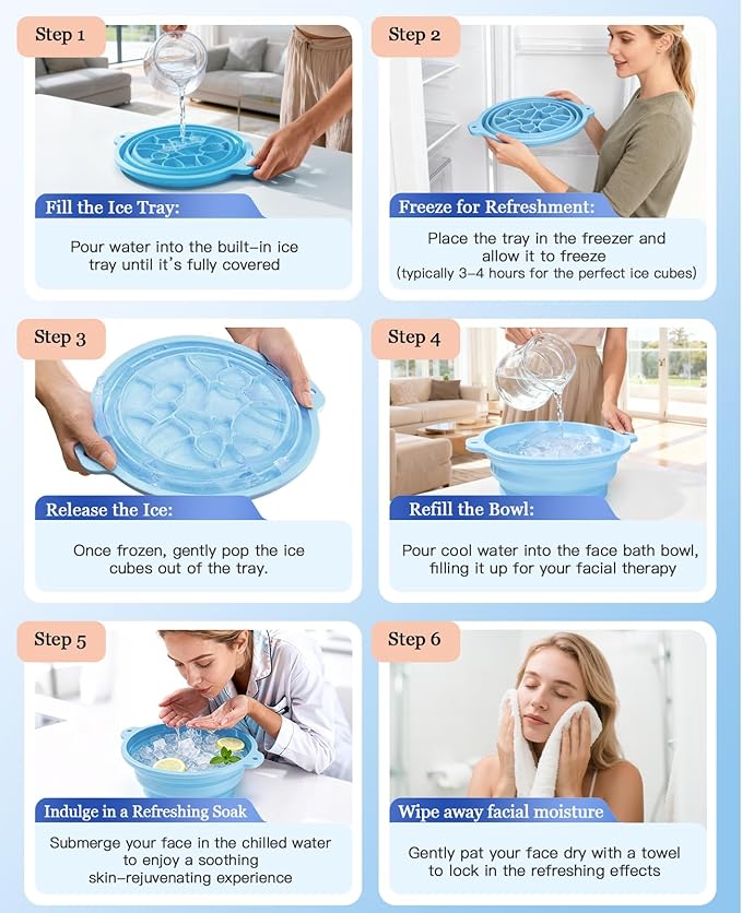 Face Ice Bath Bowl with Built-in Ice Tray, Foldable Silicone Face Bowl for Ice, Reusable Ice Facial Bowl for Puffiness Reduction, Skin Tightening, Acne Relief, Portable Spa Tool for Home, Travel