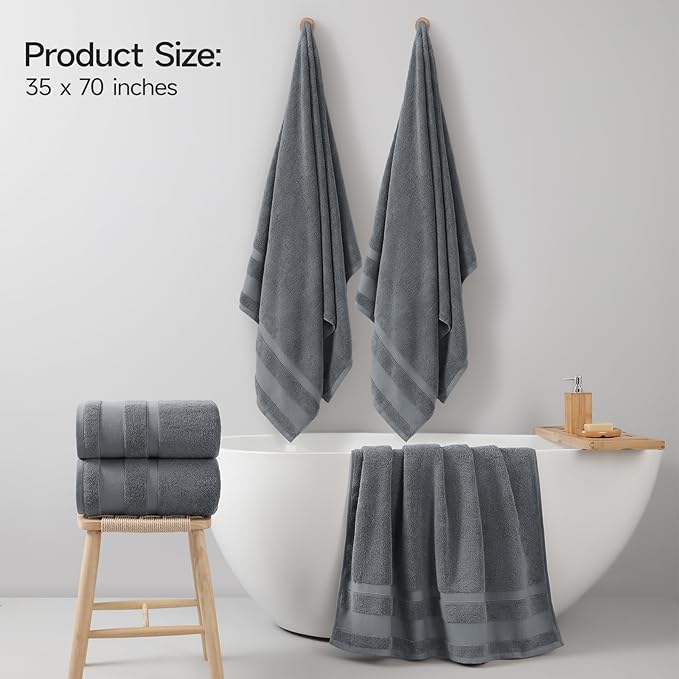 REDKISS 100% Cotton Bath Towels Set of 2, Extra Large Bath Sheets 35 X 70 Inches, 800G, Quick Dry, Ultra Soft & Super Absorbent Bathroom Towel Sets for Bathroom, Gym, Spa, Pool & Hotel, Grey