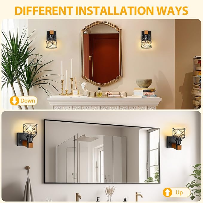 Wall Sconces Set of Two, Farmhouse 1-Light Matte Black Vanity Lights for Bathroom, Rustic Wooden Bedside Hardwired Wall Mounted Lamp with Metal Cage for Hallway, Living Room, Mirror, Kitchen