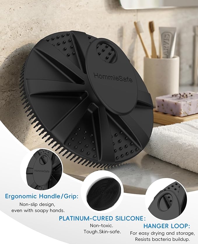 Soft Silicone Shower Brush Body Wash Bath Exfoliating Skin Massage Scrubber, Dry Skin Brushing Glove Loofah, Fit for Sensitive and All Kinds of Skin(Black)