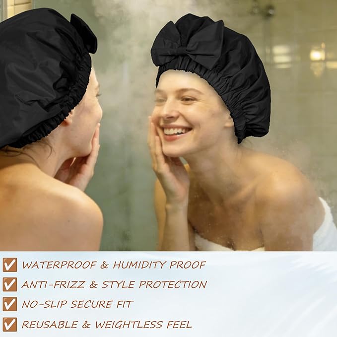 Shower Cap for Women, Cute Bow Waterproof Reusable Bath Cap, Non-Slip Anti Humidity, Roomy Anti-Frizz for Short Medium Wavy Hair, Soft Elastic & Machine Washable, Black