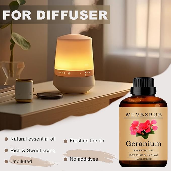 Geranium Essential Oils, 240ML Pure and Natural Essential Oil for Aromatherapy Diffuser - Geranium /8 Fl Oz