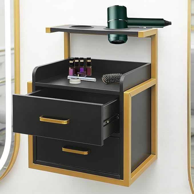 Suspended Salon Wall Cabinet with 2 Drawers & Hair Dryer Holder, Storage Cabinet for Hair Salon, Wall Mounted Styling Station, 15.75'' Wide Storage for Hair Salons, Spas, Home Use (Black)
