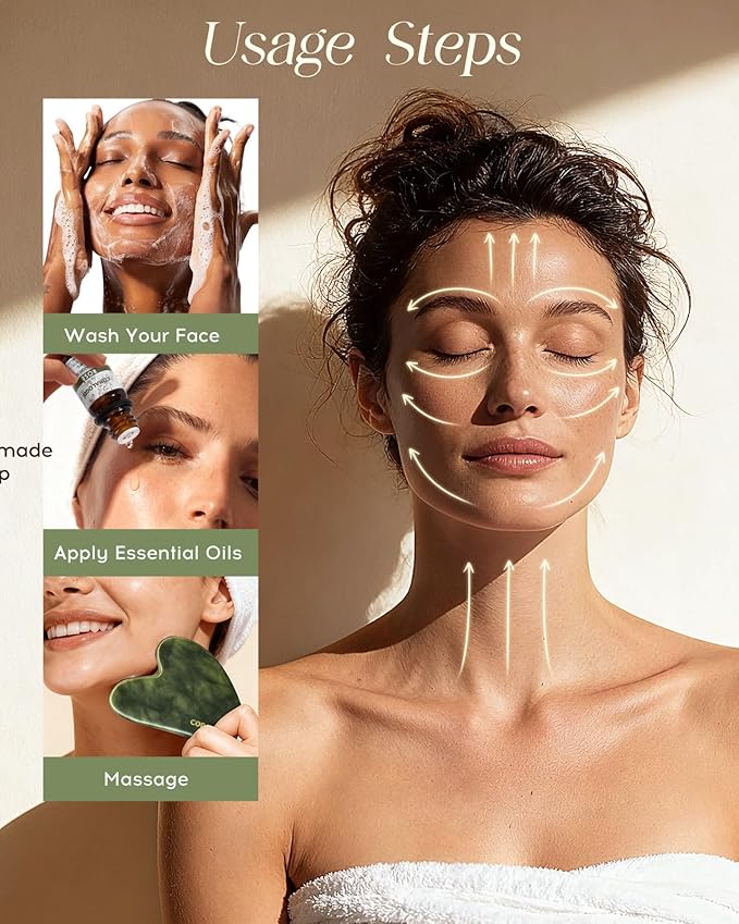 Coralogo Jade Gua Sha Facial Tools - 4pc Face Massager Tools Set with Gua Sha Facial Oil, Soap, Jade Roller for Puffiness Lymphatic Drainage, Self Care Gift for Her Birthday Mother's Day