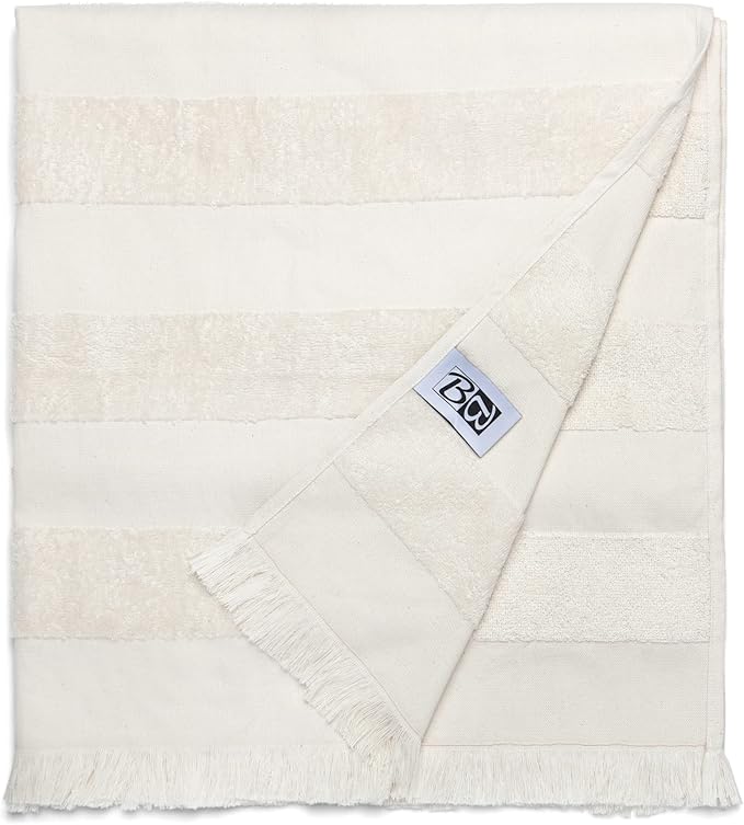 Lightweight Turkish Beach Towel - 100% BCI Cotton, Unbleached Raw Fringe, Oeko-TEX Certified, Absorbent, Eco-Friendly, 36x66”, Natural Stripes, Portable Sarong Blanket for Pool, Travel