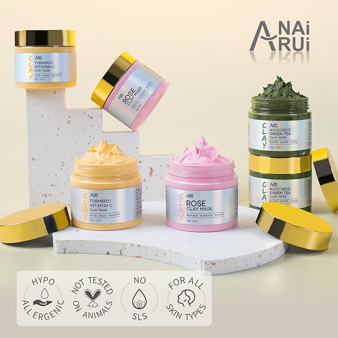 ANAI RUI 3 Pack Clay Mask Set Turmeric Vitamin C Clay Mask -Rose Facial Mask -Avocado Green Tea Mud Mask Smoothing, Hydration & Glow,Spa Gift Set, Self Care for Women Teens 2.5 oz Each