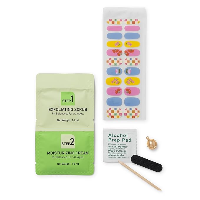 Studio Oh! Hand & Nail Spa Kit, Mini Nail Kit with 22 Nail Wraps, Exfoliating Scrub, Moisturizing Cream, Cuticle Oil & Tools, Girls Spa Kit, Travel Manicure Kit for Women & Girls (Checkerboard Blooms)