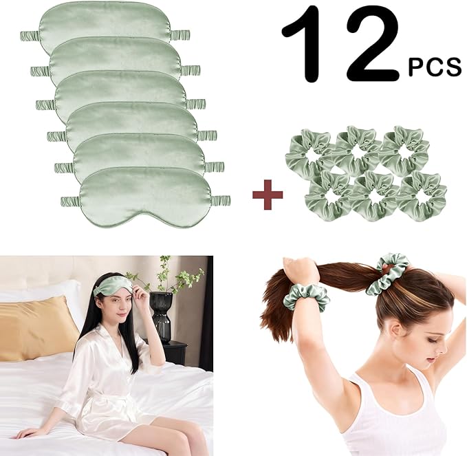 12Pcs Silk Sleep Masks Satin Eye Mask Silky Eyes Cover Blindfold Eyeshade Hair Ties Scrunchy Travel Bridesmaids Gifts