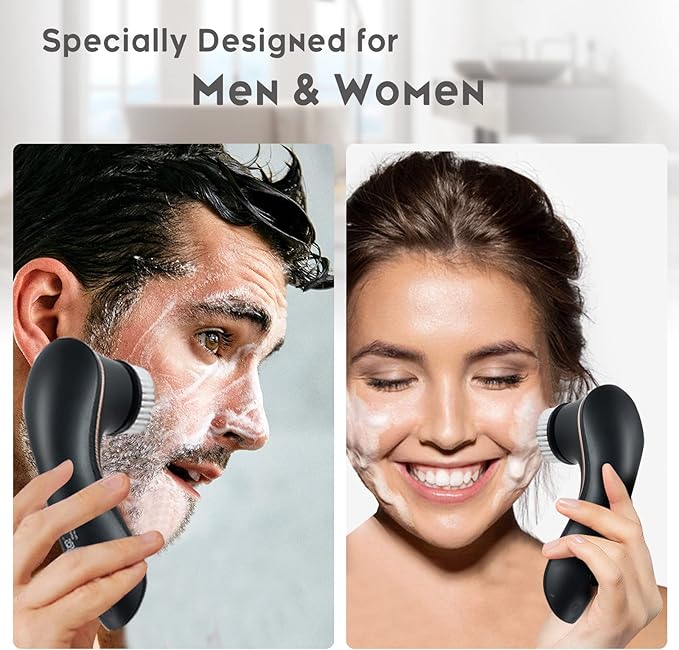 Facial Cleansing Brush, Electric Face Scrubber Rechargeable Exfoliator IPX-7 Waterproof Rotating Cleanser for Exfoliating, Massaging and Deep Cleansing for Women & Men with 4 Brush Heads Black