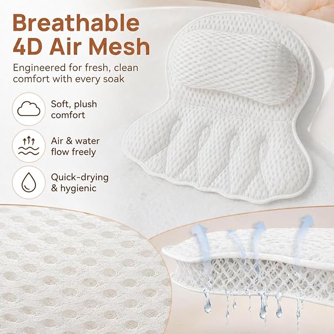 4D Air Mesh Bath Pillow for Tub, Soft Bathtub Cushion with 6 Non-Slip Suction Cups for Head, Neck & Back Support, Machine Washable Spa Pillow, White