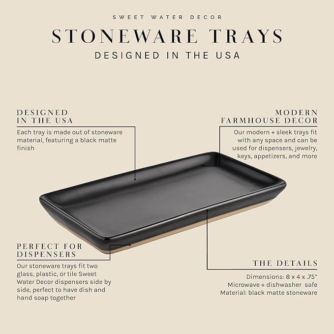 Sweet Water Decor Matte Black Stoneware Tray | Kitchen and Bathroom Dispenser Holder | Jewelry Dish | Glass Soap Holder for Bottles | Long Plate for Counter Tops | Vanity Decor