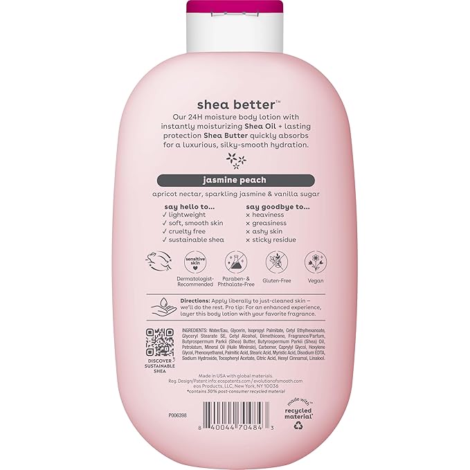eos Shea Better Body Lotion Jasmine Peach, 24-Hour Moisture Skin Care, Lightweight & Non-Greasy, Natural Shea, Vegan, 16 fl oz