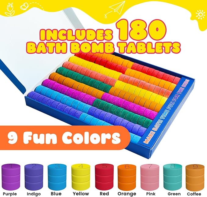 Bath Bombs for Kids, Boys Girls Mothers Day Gifts for Kids, 180 Mini Color Tablets in 9 Bright Colors for Creative Bathtub Art Bath Toys Fun Colorful Bath Scientific Experiment for Boys Girls 3-12