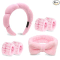 Pink Spa Headband and Wristband Set with Bow for Washing Face, Skincare, Makeup - Sponge Cloud Headband for Women Girls