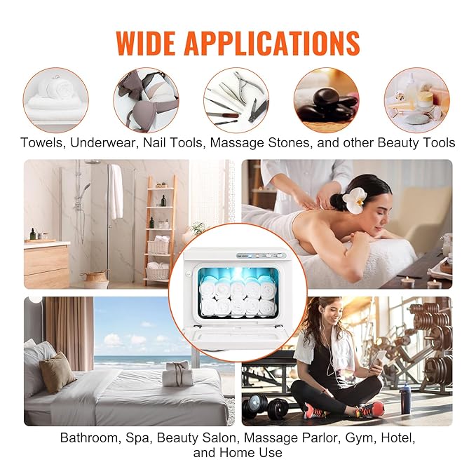 VEVOR Hot Towel Warmer, 8L Small Towel Warmer Cabinet with Clip & Stainless Steel Rack, Holds up 12 Towels, Portable All-Round Heating Cabinet for Spa, Barber, Manicures, Massage, Salon, White