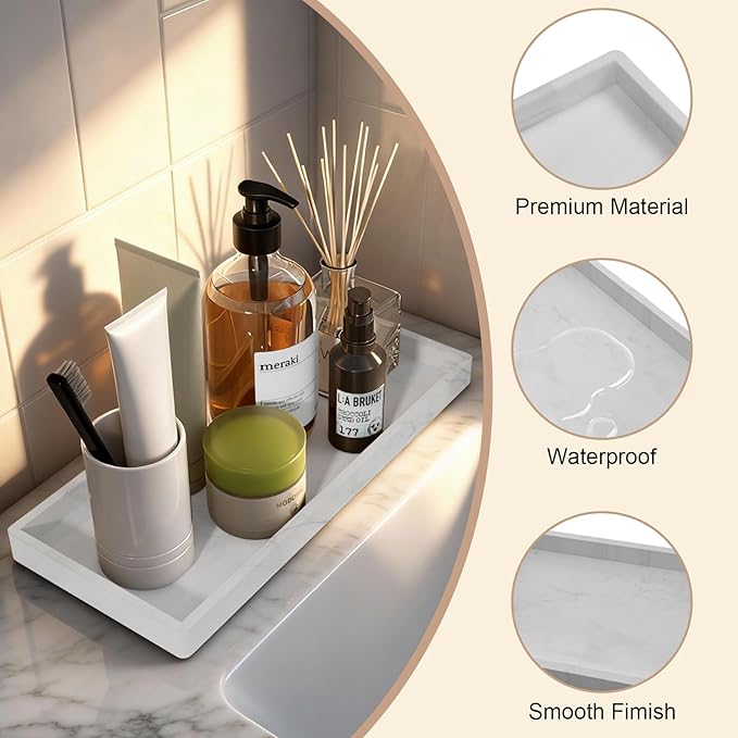Silicone Bathroom Vanity Tray, 7.8 x 3.9 Inch Perfume Trays for Dresser, Soft Organizer Tray for Makeup, Jewelry, Rings, Non-Slip, Waterproof Small Tray for Bathroom Counter, Marble White