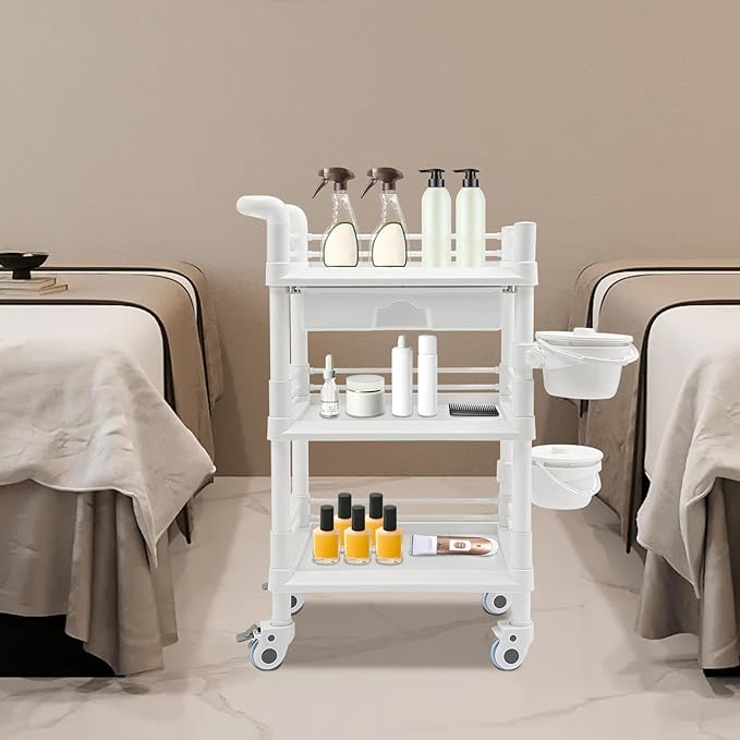 Salon Storage Cart, 3 Tier Rolling Beauty Organizer with 2 Garbage Baskets & 1 Drawer, 80kg/176.37lbs Capacity, Movable Storage Trolley for Beauty Salon SPA (White)