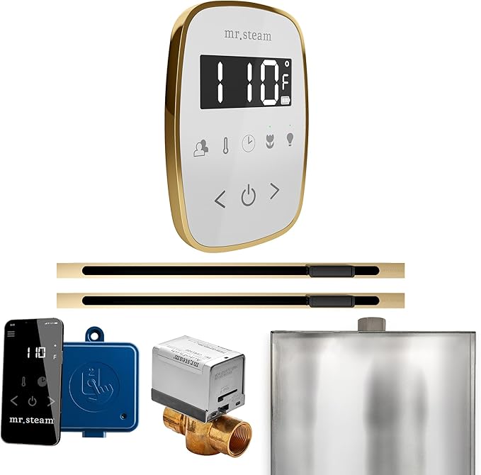 Mr Steam ButlerFlex Max Steam Shower w/TempoFlex Control and Linear Steamhead in Wht Polished Brass
